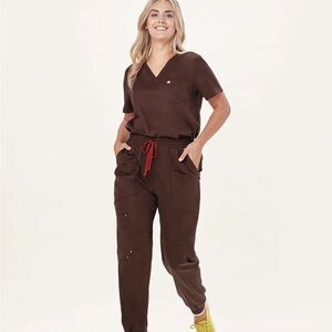Brown Women's Jumpsuit with Red Accents